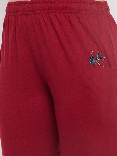 Clora Maroon Solid Mid Rise Cotton Track Pants