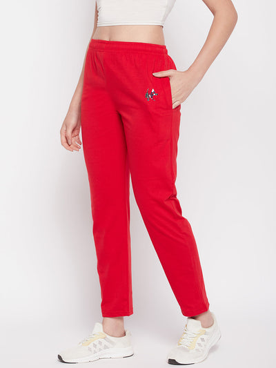 Clora Red Solid Mid Rise Cotton Track Pants