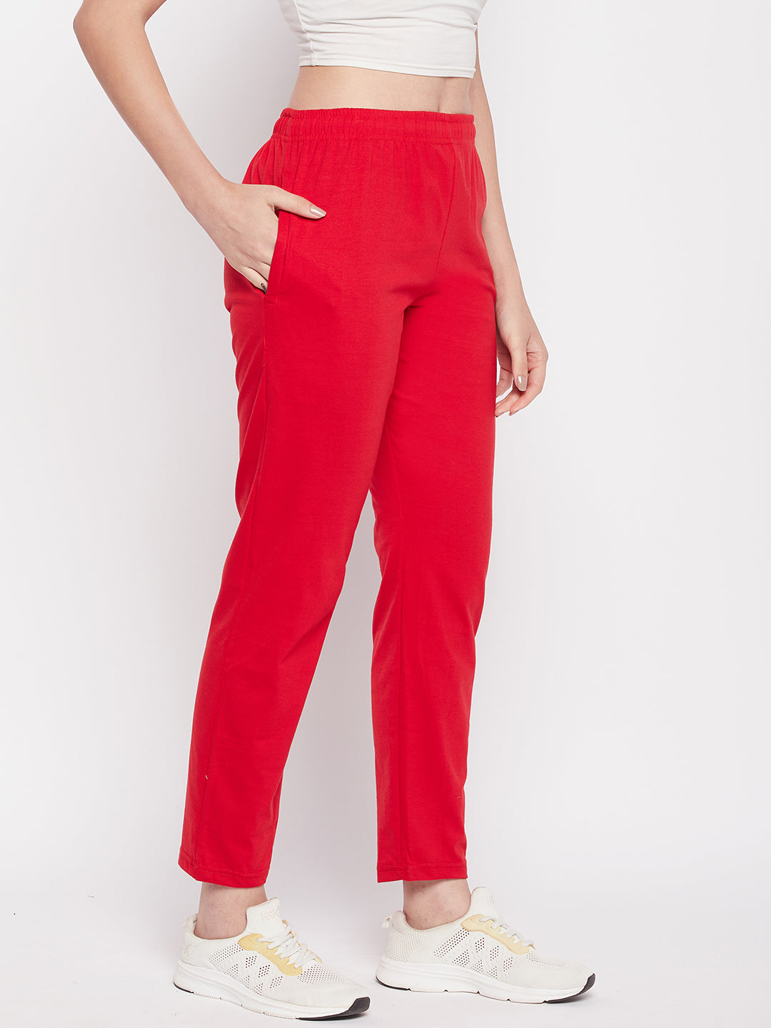Clora Red Solid Mid Rise Cotton Track Pants