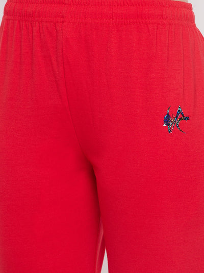 Clora Red Solid Mid Rise Cotton Track Pants
