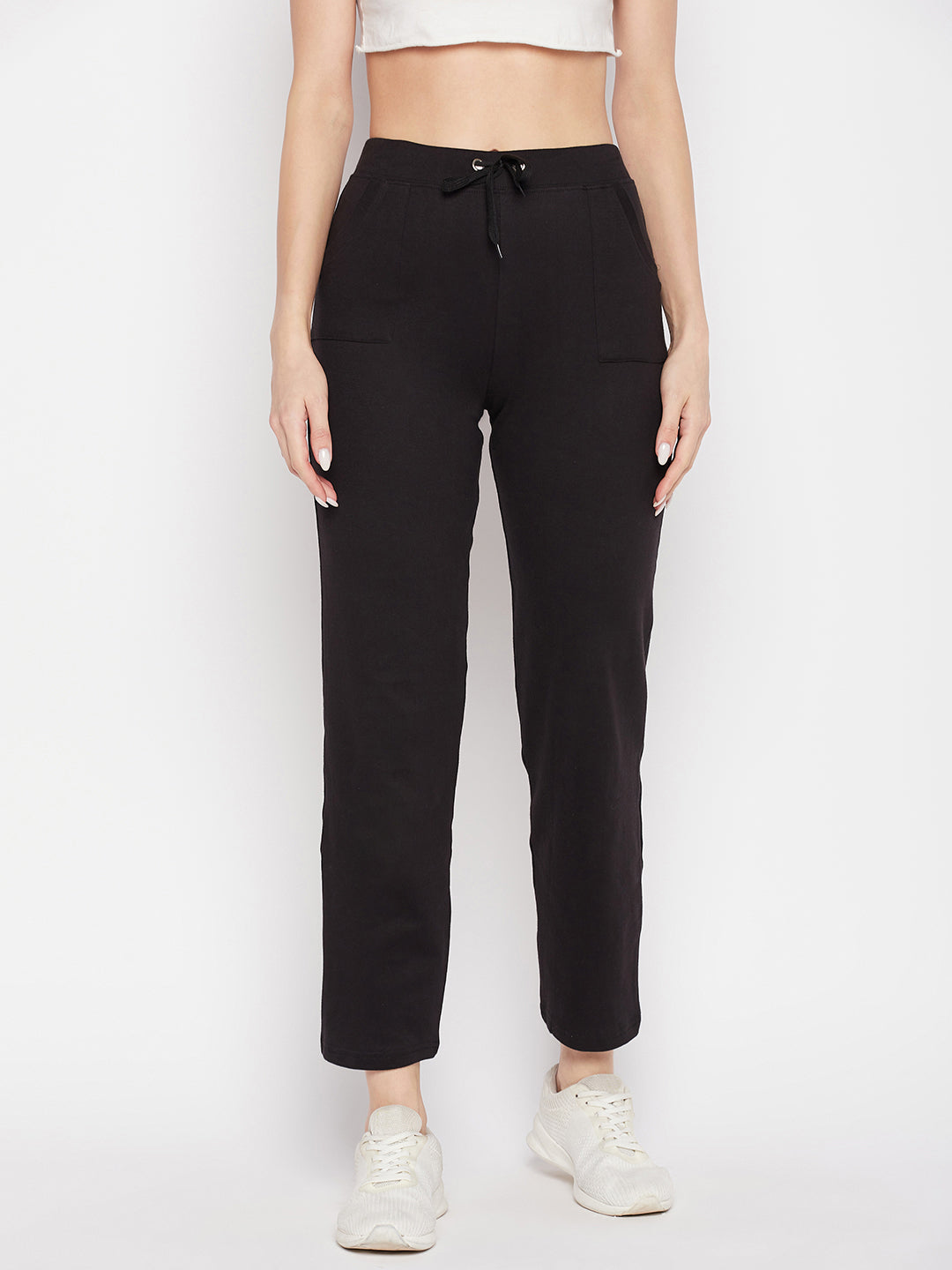 Clora Black Solid Mid Rise Cotton Trackpants