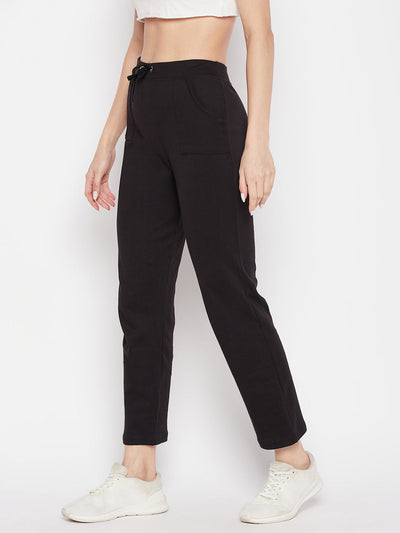 Clora Black Solid Mid Rise Cotton Trackpants