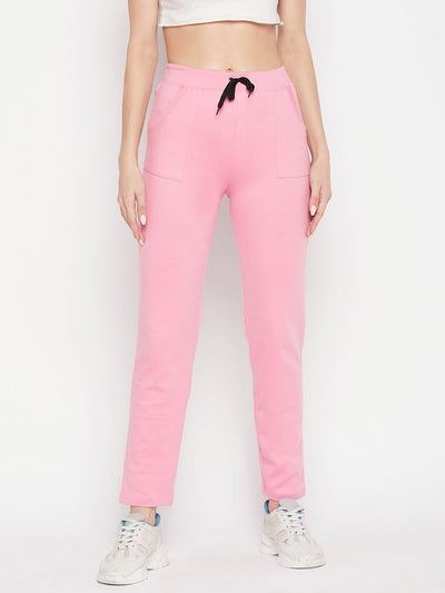 Baby Pink Solid Mid Rise Cotton Trackpants with drawstring waistband.