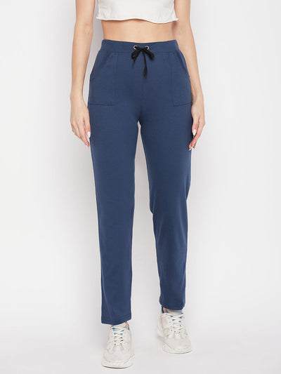 Aqua Blue Solid Mid Rise Cotton Trackpants with Drawstring Waistband