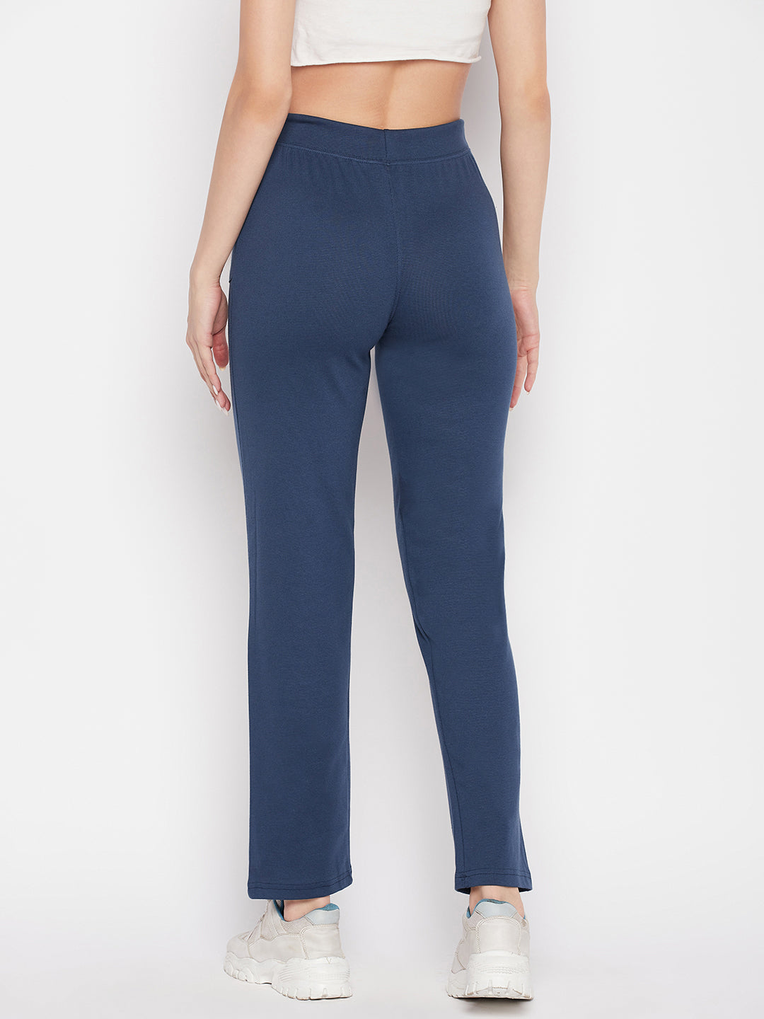Aqua Blue Solid Mid Rise Cotton Trackpants with elasticated waistband and drawstring closure.