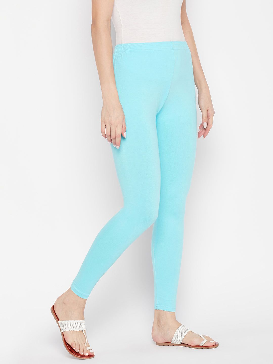 Clora Sky Blue Solid Ankle Length Leggings