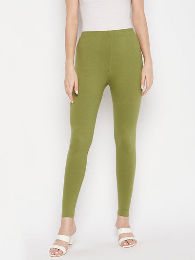 Olive solid ankle length leggings with elasticated waistband.