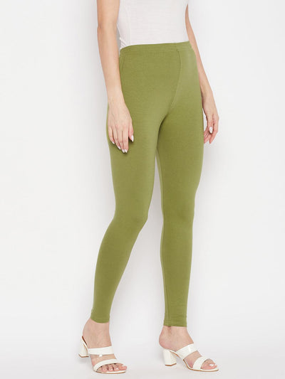 Olive solid ankle length leggings with elastic waistband.