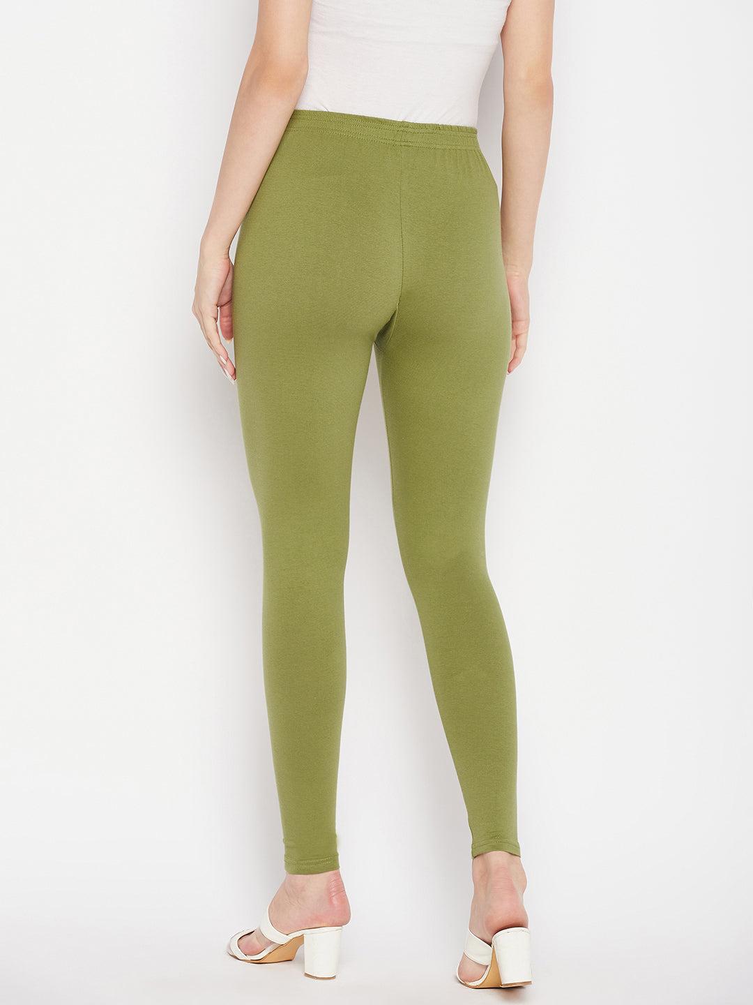 Olive solid ankle length leggings with elasticated waistband.
