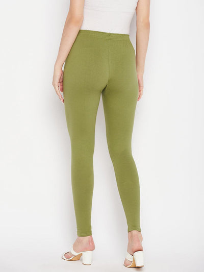Olive solid ankle length leggings with elasticated waistband.