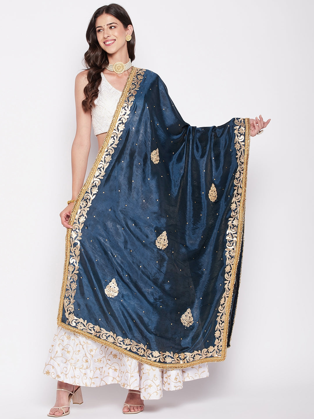 Clora Peacock Blue Gotta Patti Silk Blend Dupatta