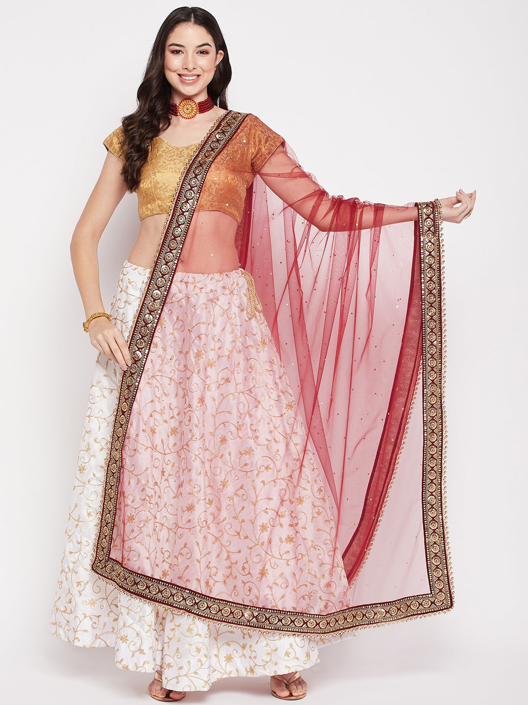Clora Maroon Embellished Net Dupatta with Sequinned