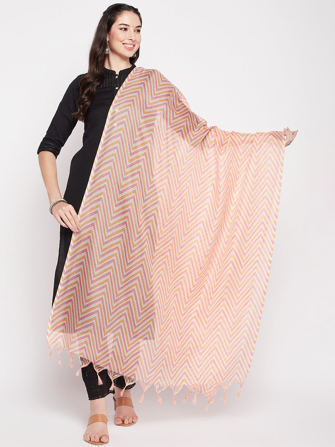 Clora Peach Zig-Zag Kota Doria Dupatta