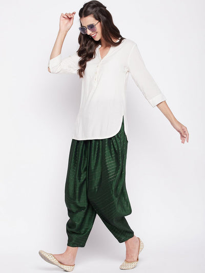 Bottle Green Rayon Lurex Dhoti Salwar with Elasticated Waistband and Drawstring.