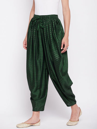 Bottle Green Rayon Lurex Dhoti Salwar with elasticated waistband and drawstring.