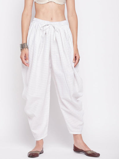White Rayon Lurex Dhoti Salwar with elastic waistband and drawstring.