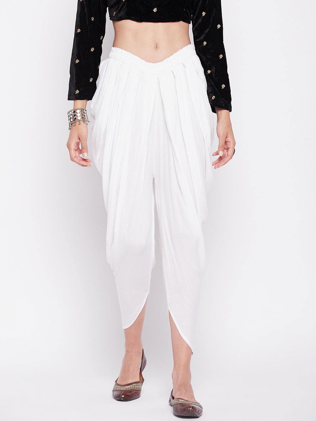 White Striped Lurex Dhoti Salwar with elasticated waistband and drawstring.
