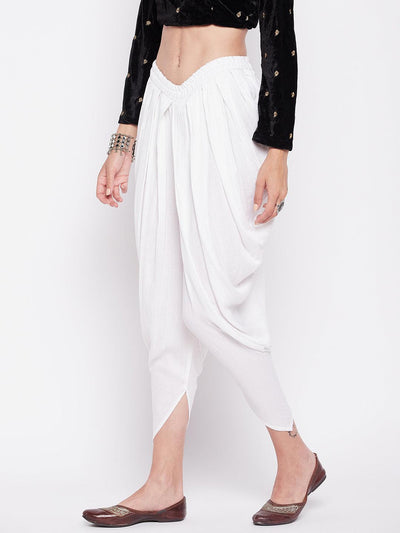 White striped Lurex dhoti salwar with elasticated waistband and drawstring.