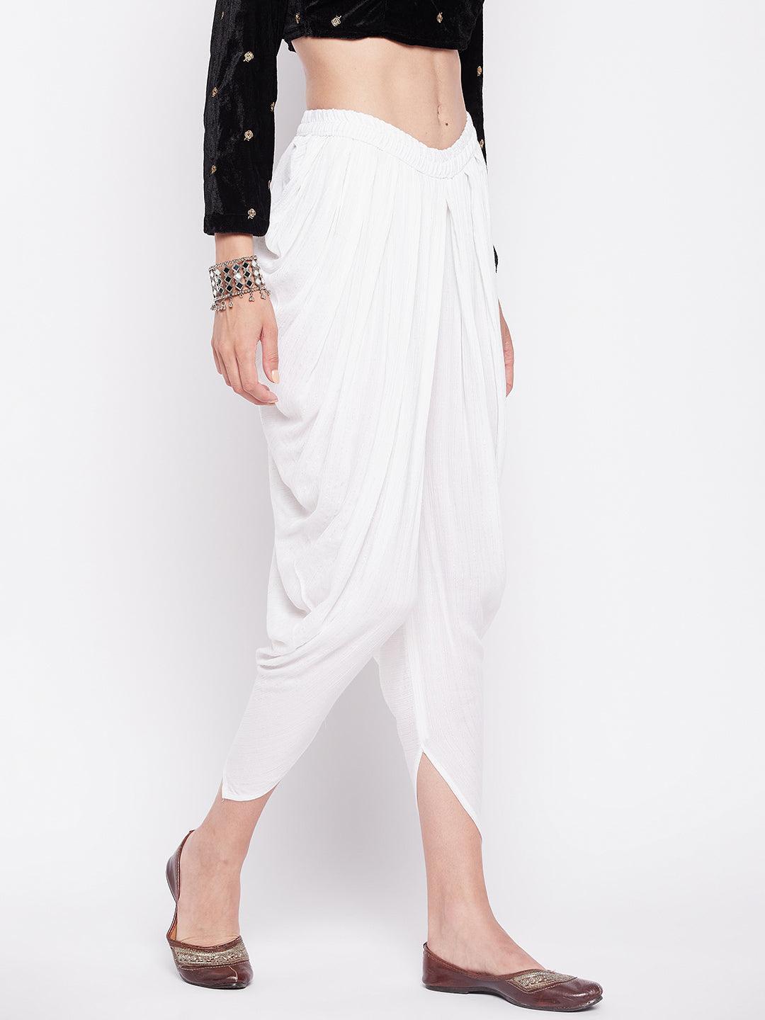 White striped Lurex dhoti salwar with elasticated waistband and drawstring.