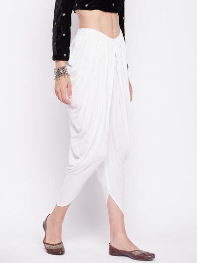 White striped Lurex dhoti salwar with elasticated waistband and drawstring.