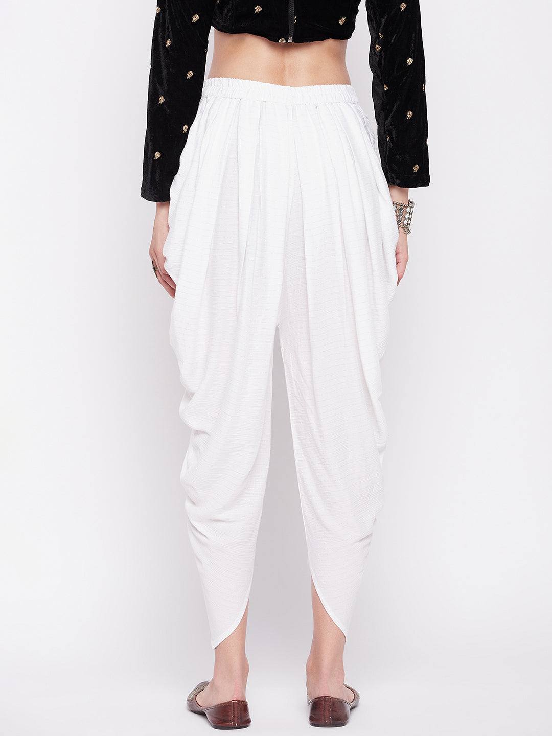 White Striped Lurex Dhoti Salwar with elastic waistband and drawstring.