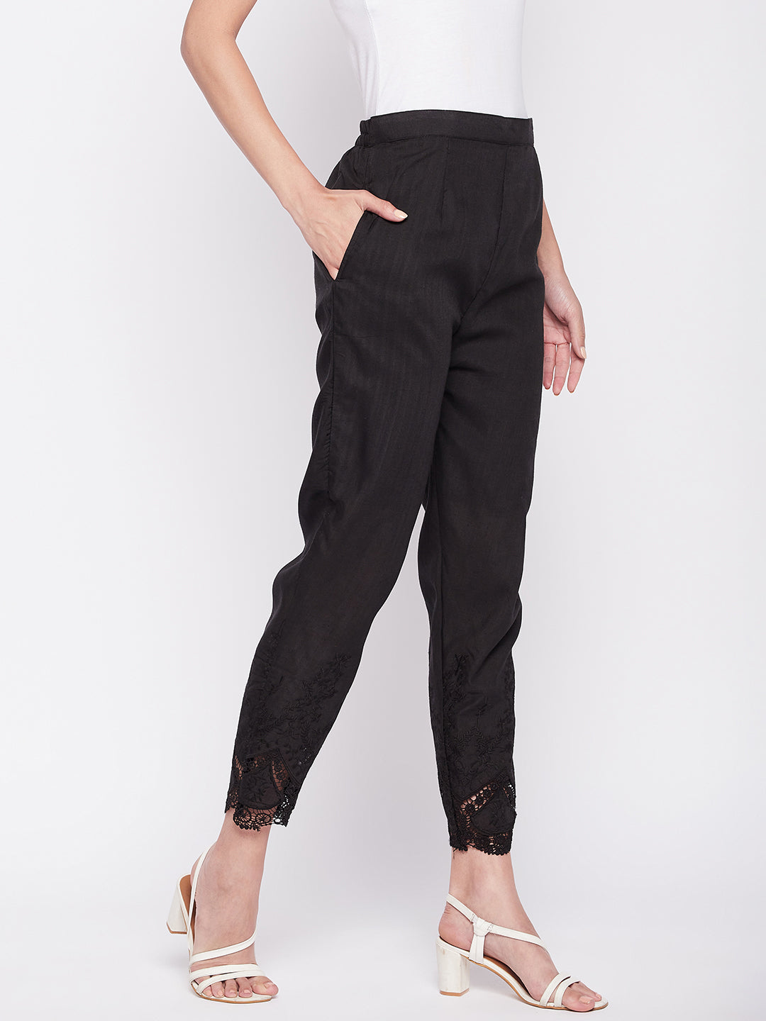 Clora Black Solid Cotton Embroidered Pant