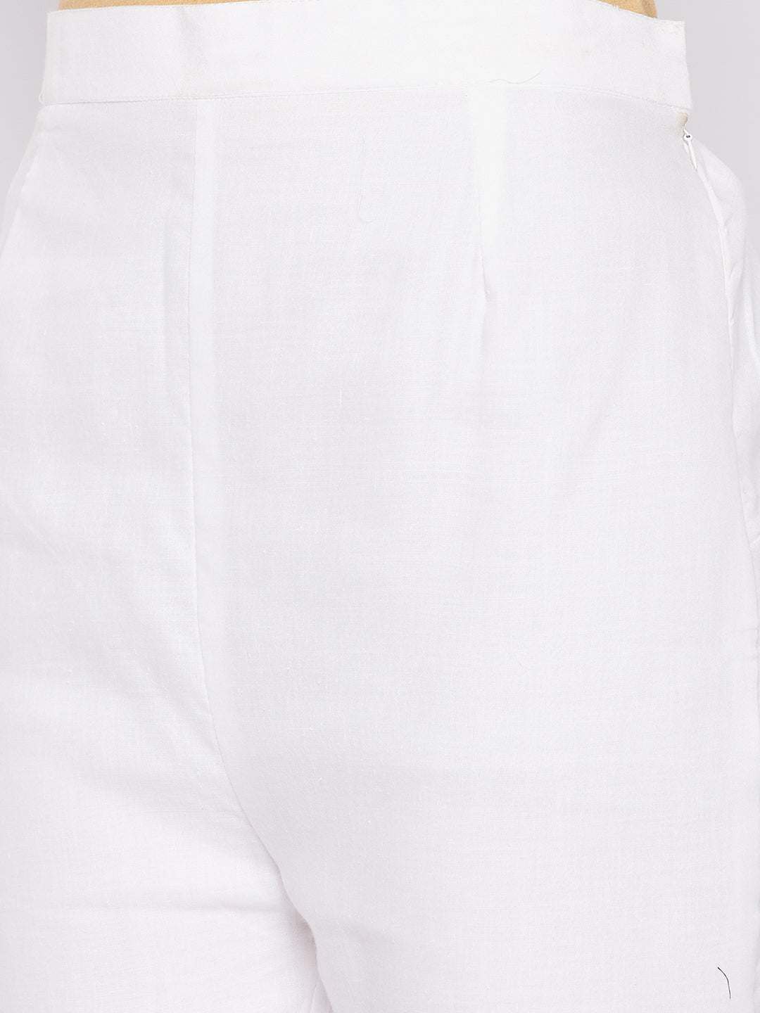 White solid cotton embroidered ankle-length pant with a partially elasticated waistband.