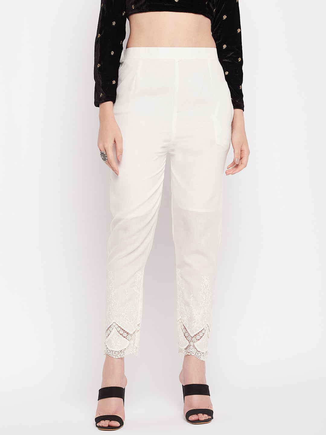 Clora Cream Solid Cotton Embroidered Pant