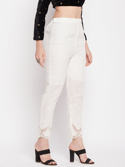 Clora Cream Solid Cotton Embroidered Pant