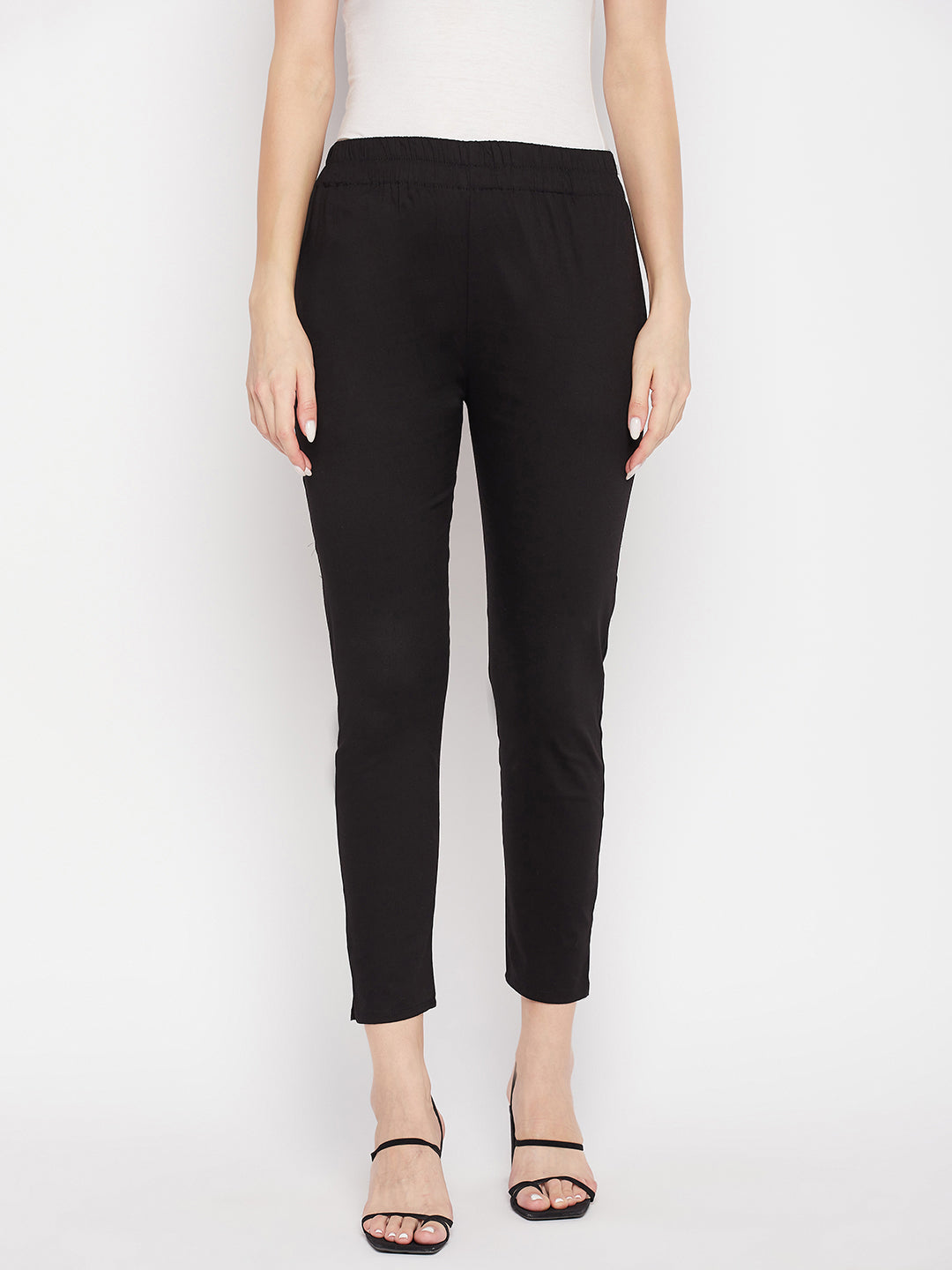 Clora Black Solid Cotton Lycra Pant