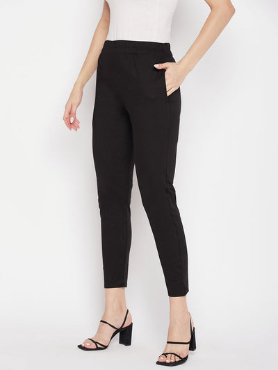 Clora Black Solid Cotton Lycra Pant