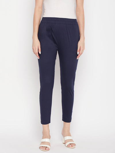 Clora Navy Blue Solid Cotton Lycra Pant