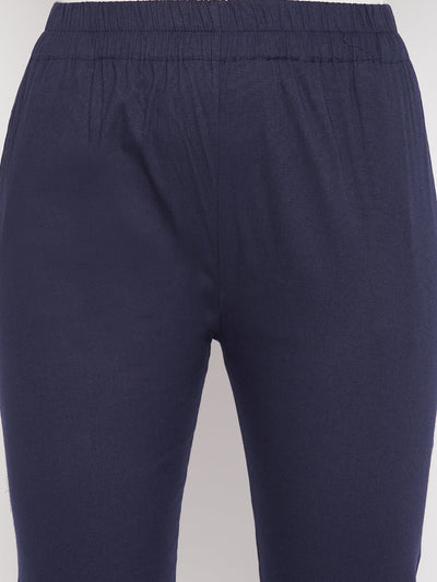 Clora Navy Blue Solid Cotton Lycra Pant