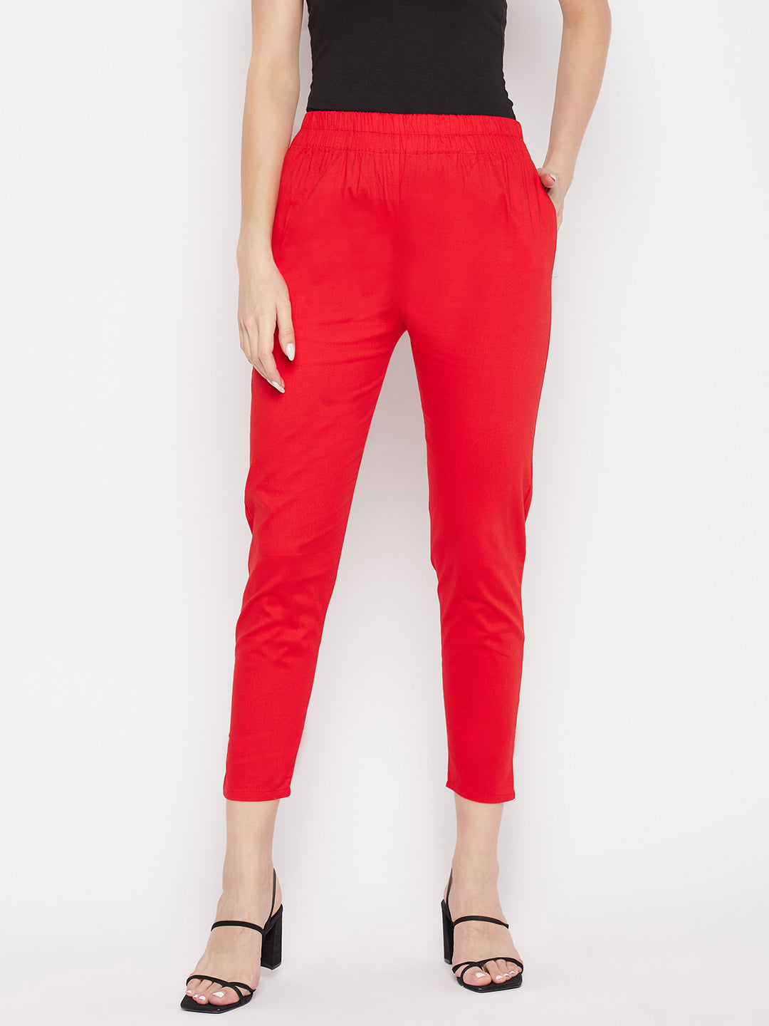 Clora Red Solid Cotton Lycra Pant