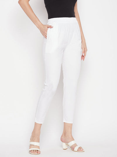 Clora White Solid Cotton Lycra Pant