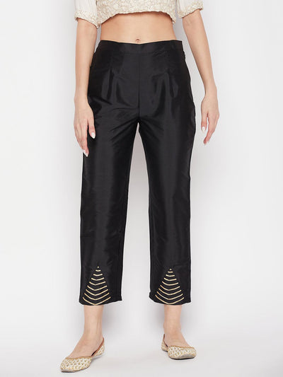 Black solid taffeta silk trouser, ankle length, partially elastic waistband.