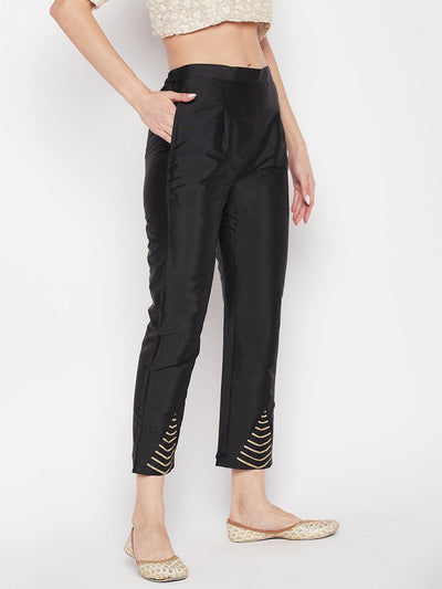 Black solid taffeta silk ankle-length trousers with elastic waistband.