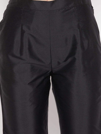 Black solid taffeta silk trousers with partially elasticated waistband.