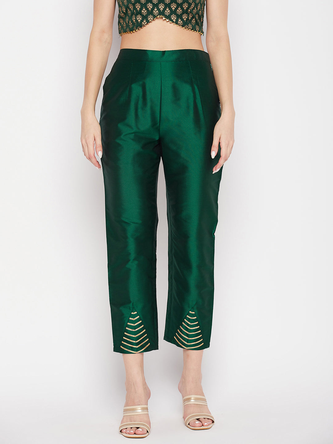 Bottle Green Solid Taffeta Silk Trouser with partially elasticated waistband and ankle length design.