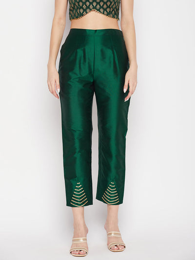 Clora Bottle Green Solid Taffeta Silk Trouser