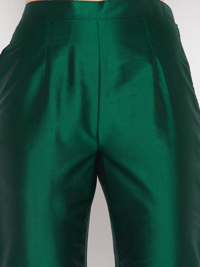 Clora Bottle Green Solid Taffeta Silk Trouser