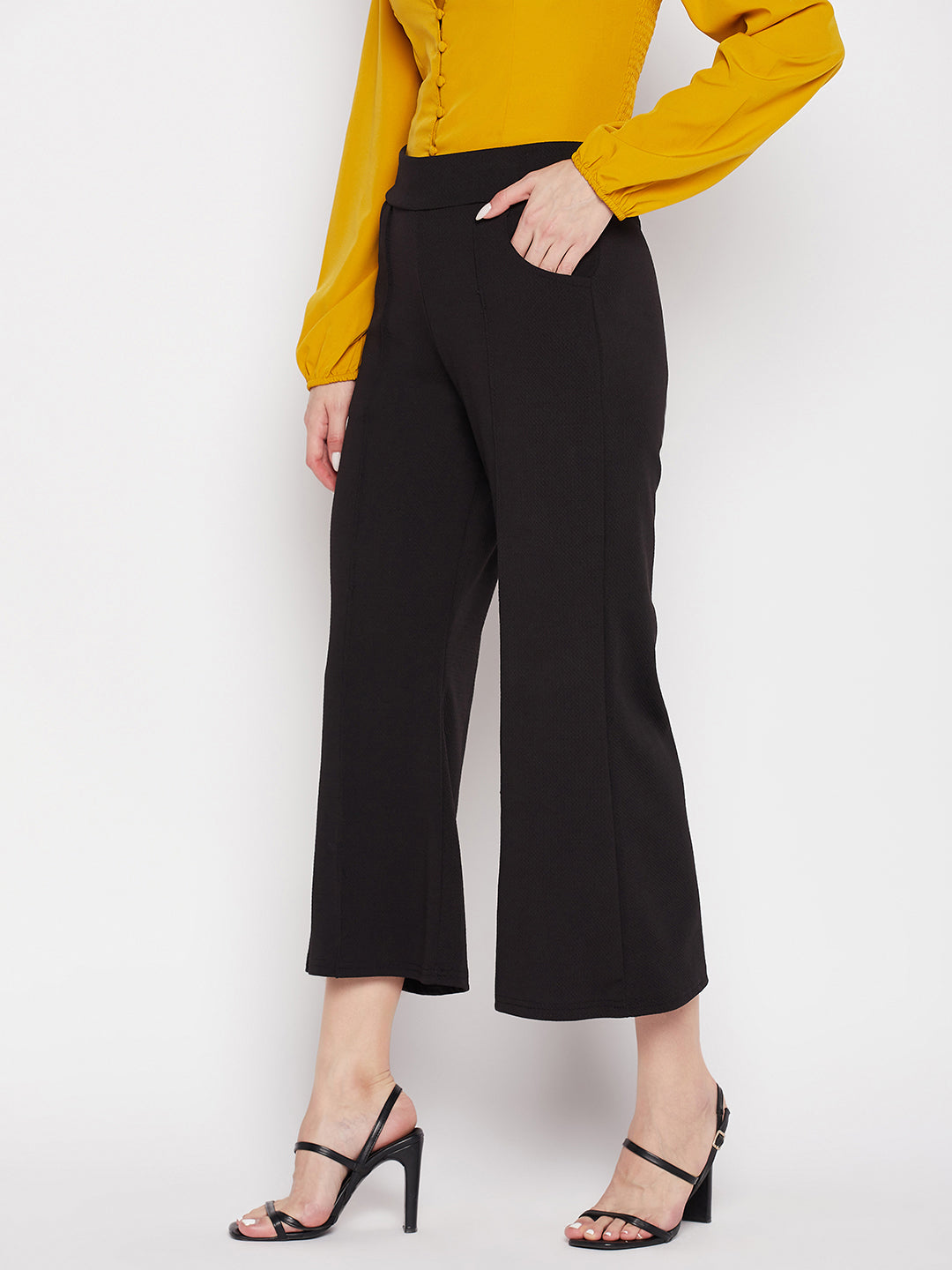 Clora Black Regular Fit Solid Bootcut Trousers