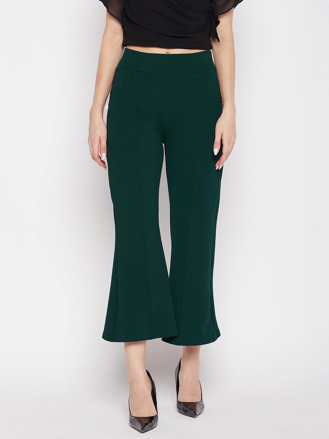 Bottle Green Regular Fit Solid Bootcut Trousers with elasticated waistband.