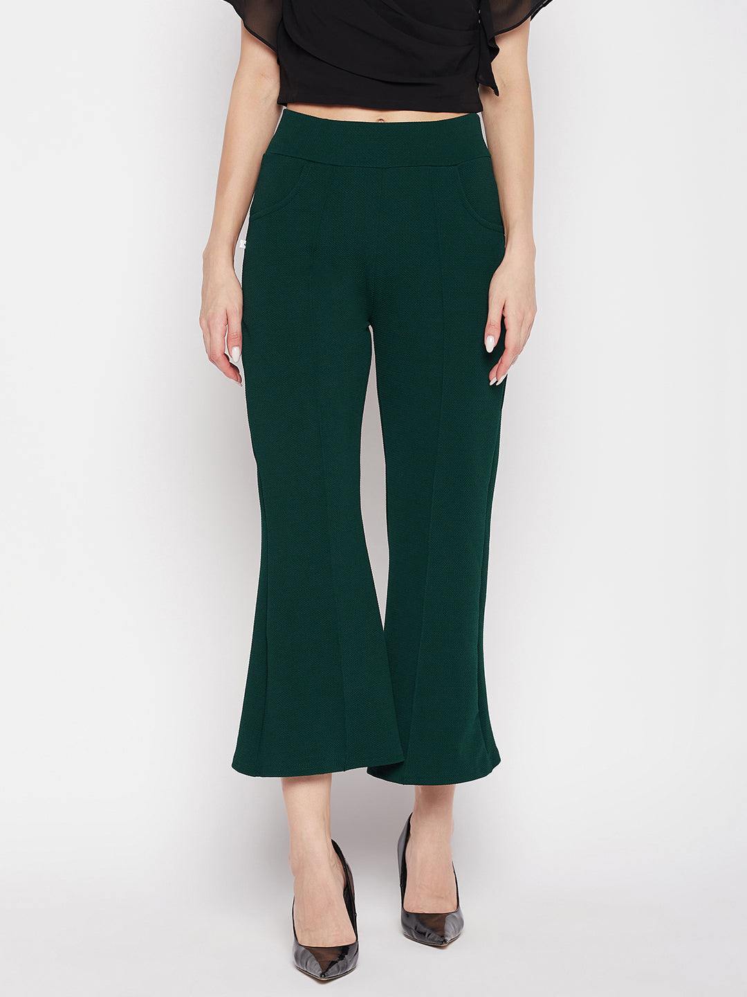 Clora Bottle Green Regular Fit Solid Bootcut Trousers