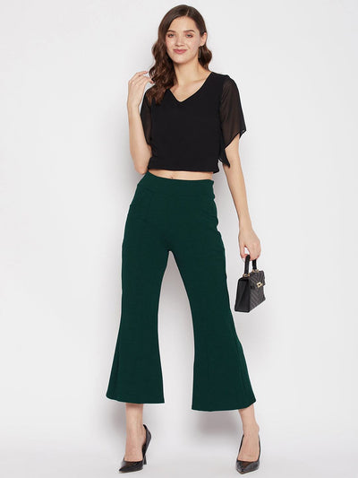 Clora Bottle Green Regular Fit Solid Bootcut Trousers