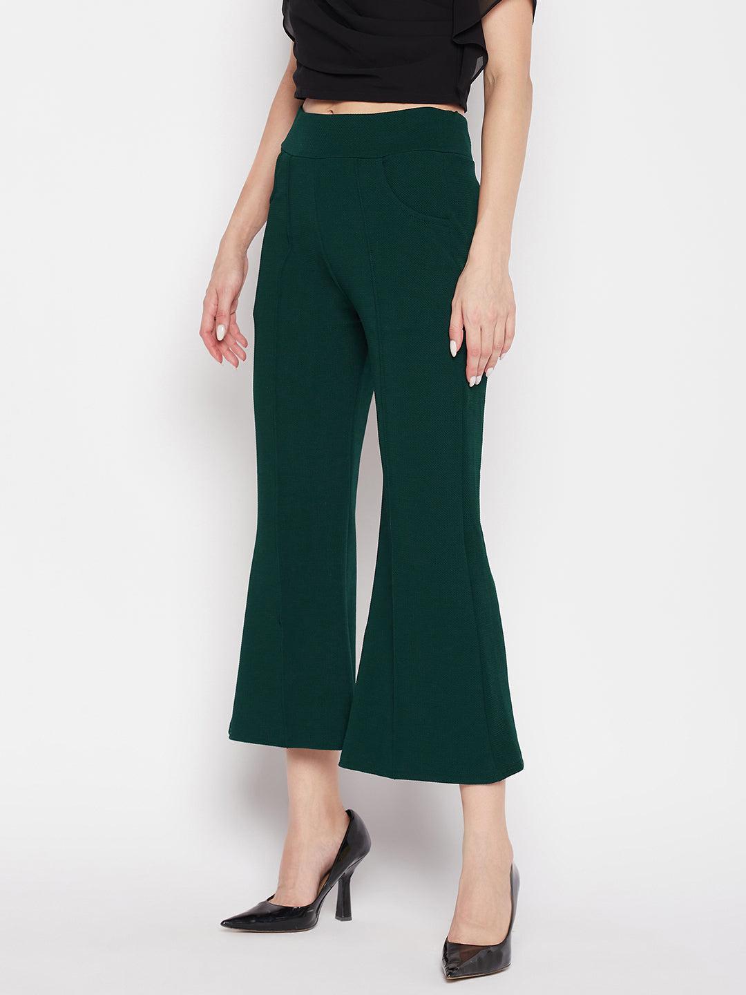 Clora Bottle Green Regular Fit Solid Bootcut Trousers