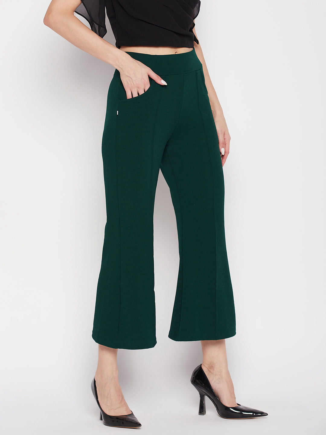 Clora Bottle Green Regular Fit Solid Bootcut Trousers