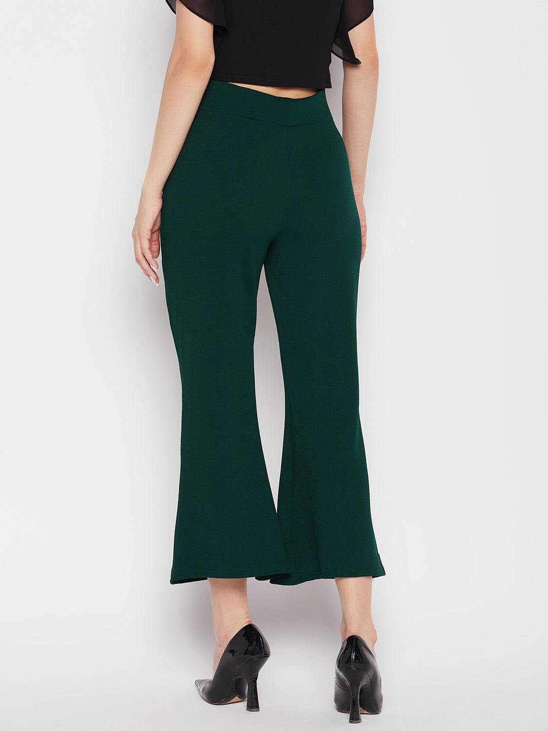Bottle Green Regular Fit Solid Bootcut Trousers with Elasticated Waistband.