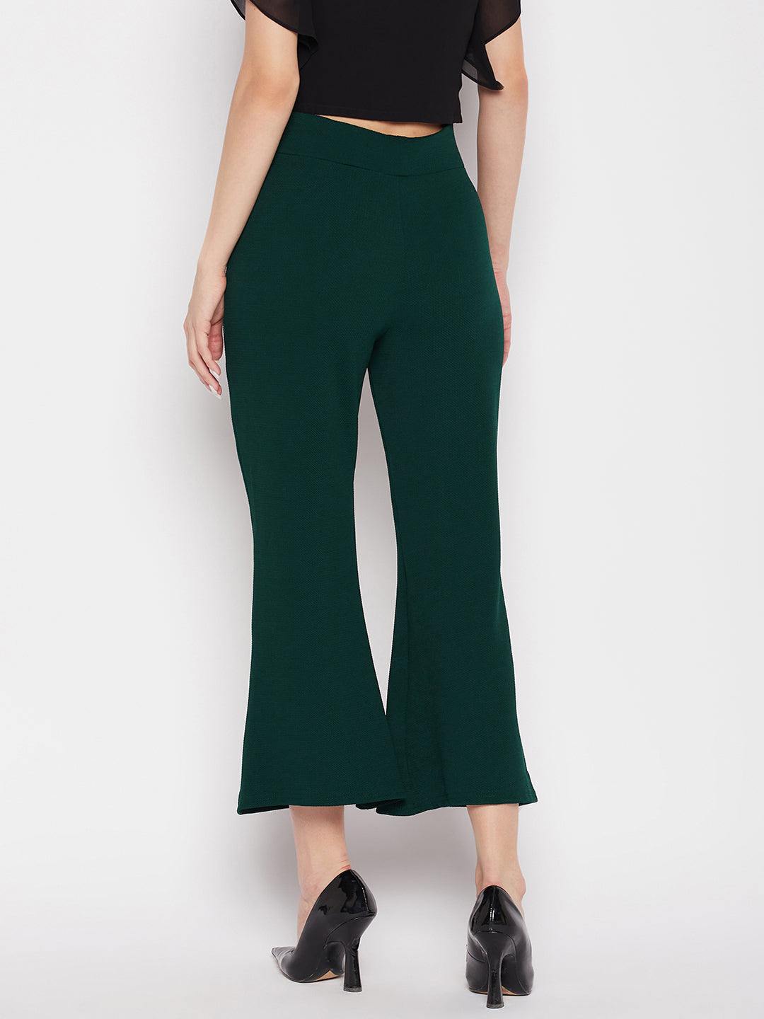 Clora Bottle Green Regular Fit Solid Bootcut Trousers