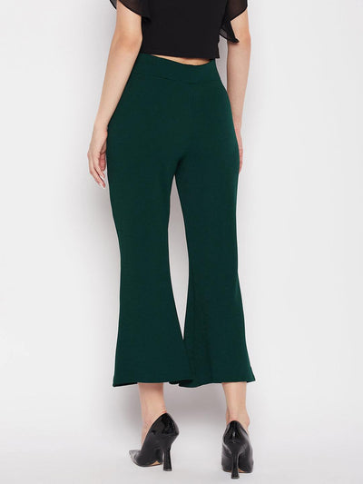 Bottle Green Regular Fit Solid Bootcut Trousers with Elasticated Waistband.